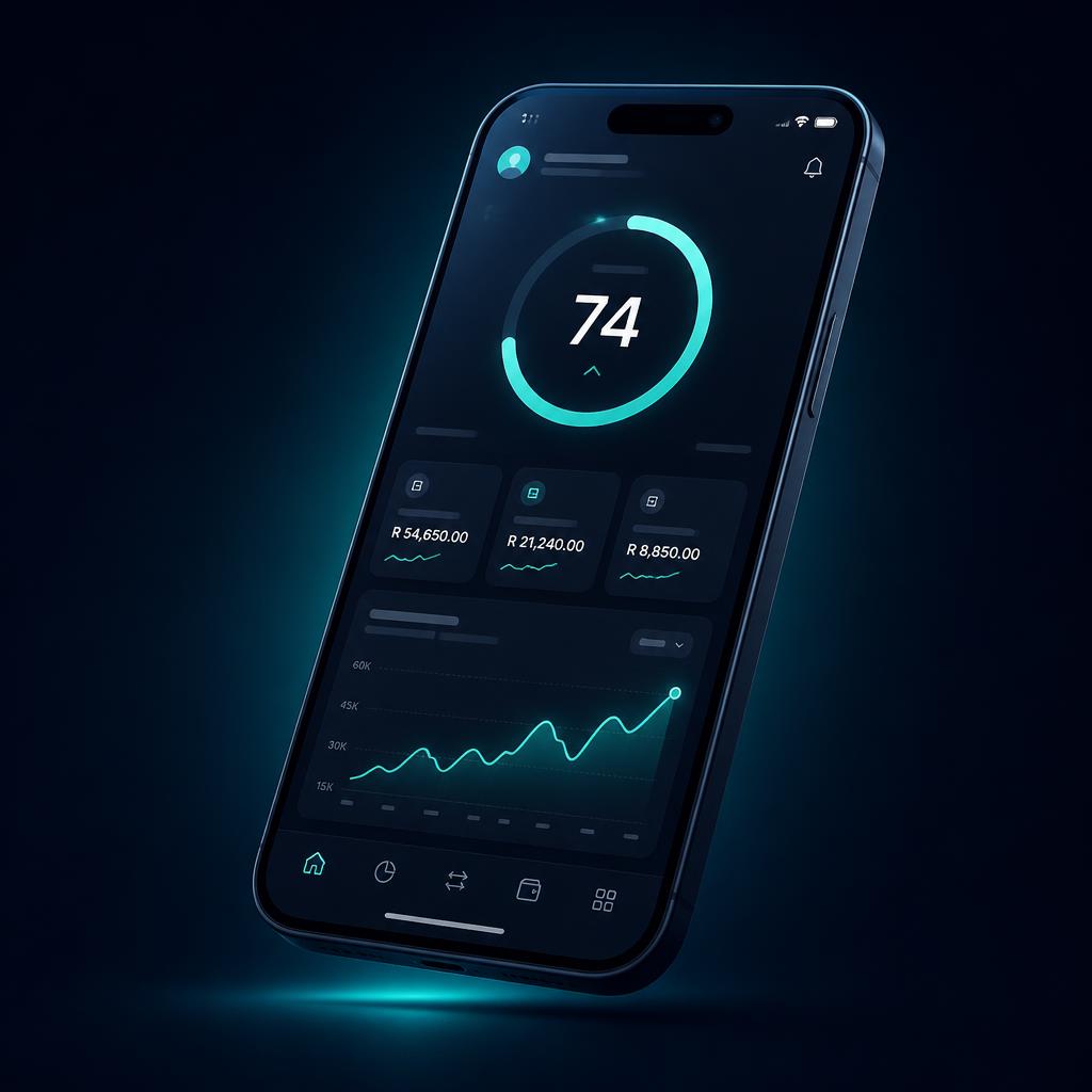 Lifestyle Calculator dashboard showing a score dial, rand balances and a growth chart